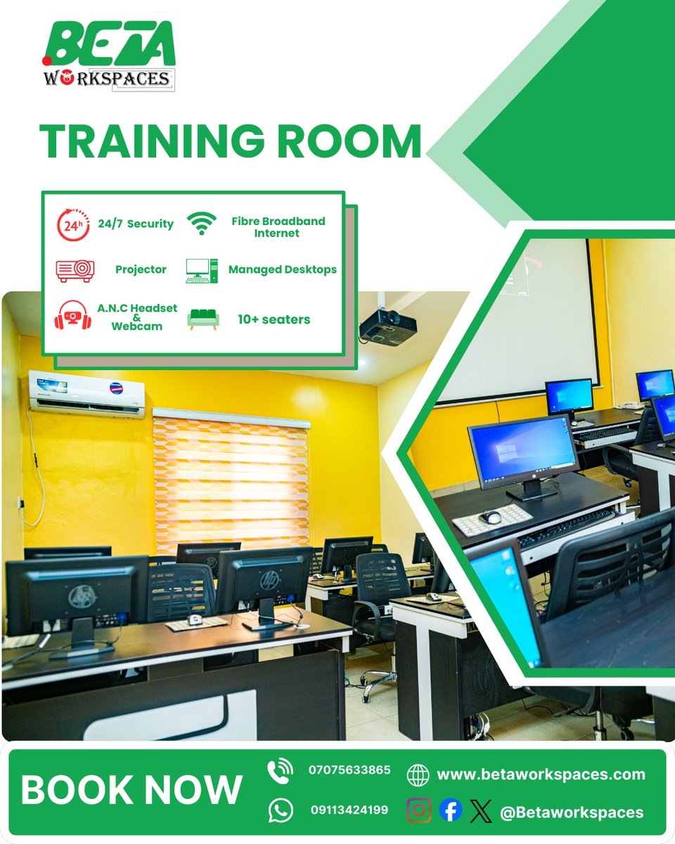Betaworkspaces's tweet photo. Planning a training session in Lagos?

Our fully equipped training room offers high-end PCs, presentation tools, fibre broadband, stable power &amp; an on-premise canteen to keep participants energized.

Deliver effectively. We handle the infrastructure.

📍Surulere, Lagos

Book Now https://t.co/fc8KKpzG52