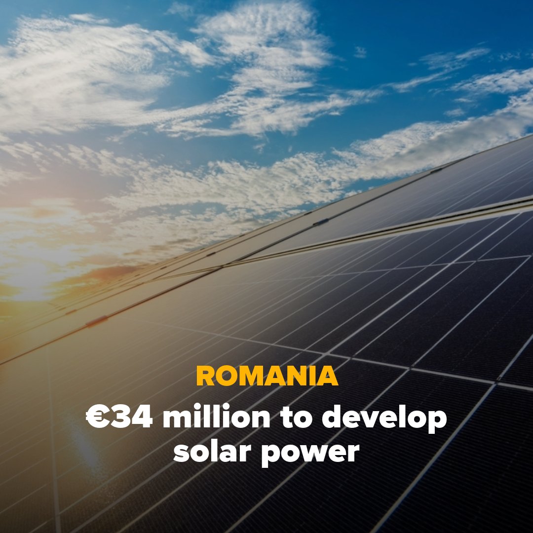 EIB's tweet photo. 🌞Solar power takes up space in Romania.

3 new photovoltaic plants will be built thanks to a €34m EIB financing, in line with 🇪🇺 &amp; 🇷🇴 goals for climate action, energy independence and regional development. 

Learn more here👉 https://t.co/xaTUvE8lsn https://t.co/gFcLj43kCf