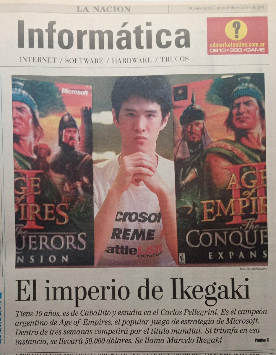 hernanpanessi's tweet image. Un argentino salió campeón internacional del Age of Empires en octubre del 2001. Marcelo Ikegaki, el campeón, estudiaba en el Carlos Pellegrini y ganó 50.000 dólares. Su viejo no le creía. Necesito conocer a este crack. Salió en el diario La Nación. ¿Conocían esta historia?