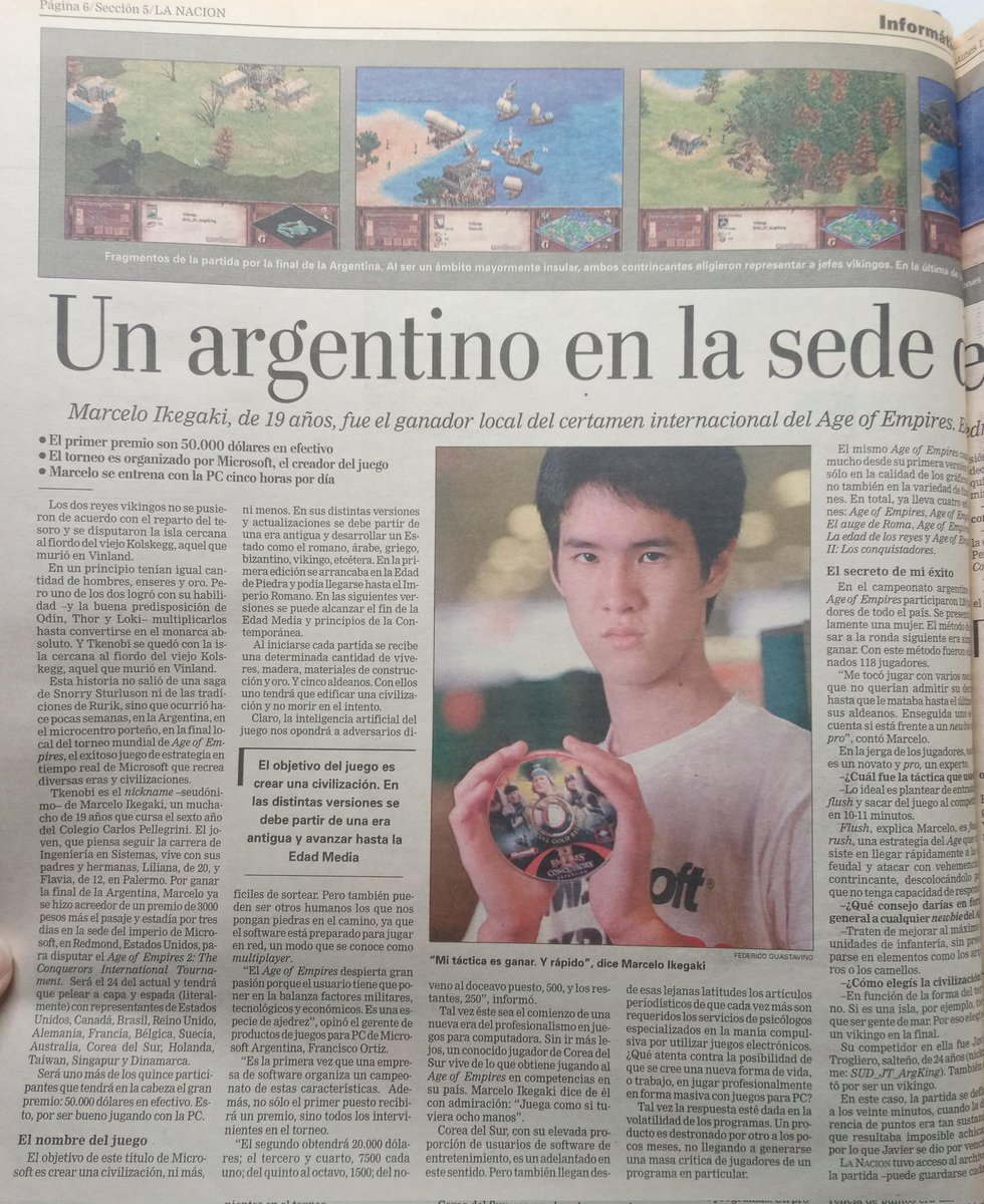 hernanpanessi's tweet image. Un argentino salió campeón internacional del Age of Empires en octubre del 2001. Marcelo Ikegaki, el campeón, estudiaba en el Carlos Pellegrini y ganó 50.000 dólares. Su viejo no le creía. Necesito conocer a este crack. Salió en el diario La Nación. ¿Conocían esta historia?