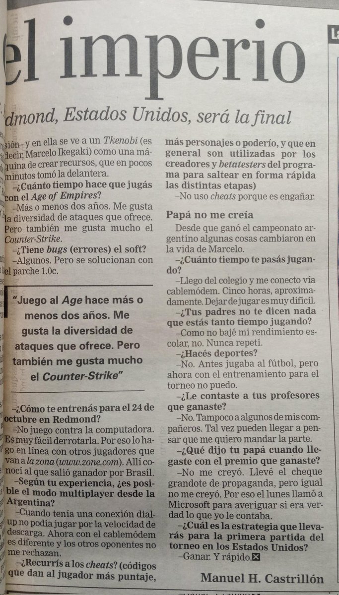 hernanpanessi's tweet image. Un argentino salió campeón internacional del Age of Empires en octubre del 2001. Marcelo Ikegaki, el campeón, estudiaba en el Carlos Pellegrini y ganó 50.000 dólares. Su viejo no le creía. Necesito conocer a este crack. Salió en el diario La Nación. ¿Conocían esta historia?