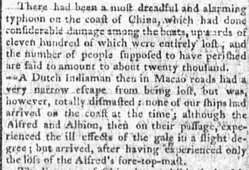 A typhoon in China sometime in 1791, which 20,000 perished, but I don't have any further details. #typhoon