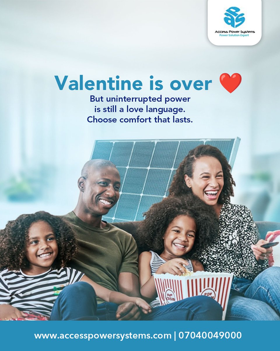 accesspower_sys's tweet image. Valentine may be over, but comfort at home should be all year. That laughter, movie night, peaceful evening all deserve steady power and you can get that with Access Power Systems 

Power your home smarter. Let's help you get started.

#AccessPowerSystems #solarpanel #Solarpower