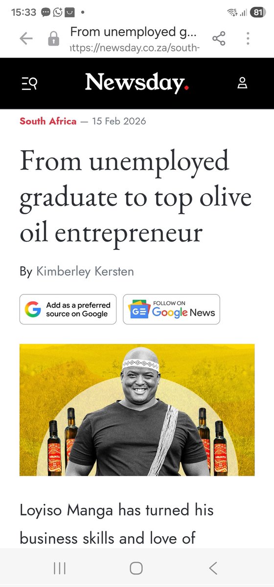 SA needs thousands more of these Good Stories. His olive oil earned a Gold Medal at international level. Congratulations Loyiso.