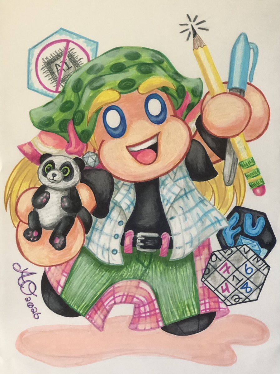 LadyJuxta's tweet photo. I’ll give the “AI Bros” one thing: my gratitude for reminding me how valuable &amp; important human made art is for this world. My take on the FB’s “caricature” tread, featuring a Super Plushie styled self portrait of me. I recently remembered the fun of using markers &amp; pastels. ☺️ https://t.co/cPOELu5jBW
