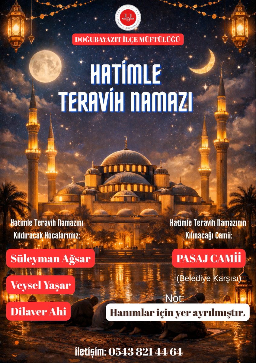 HAYDİ İLÇEM! TERAVİHTE KUR'AN
ZİYAFETİNDE  BULUŞALIM 
Ramazan-ı Şerif’in bereketini, Kur’an-ı Kerim’in eşsiz sedasıyla taçlandırıyoruz. 
Hatimle teravih kılınacak Cami:
Pasaj Camii 
Vakit: Yatsı namazına mutaakkib
Not hanımlar için yerimiz mevcuttur.
