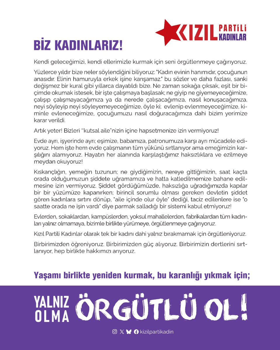8 Mart'ta Kızıl Partili Kadınlar'la Alanlara!
#yalnızolmaörgütlüol