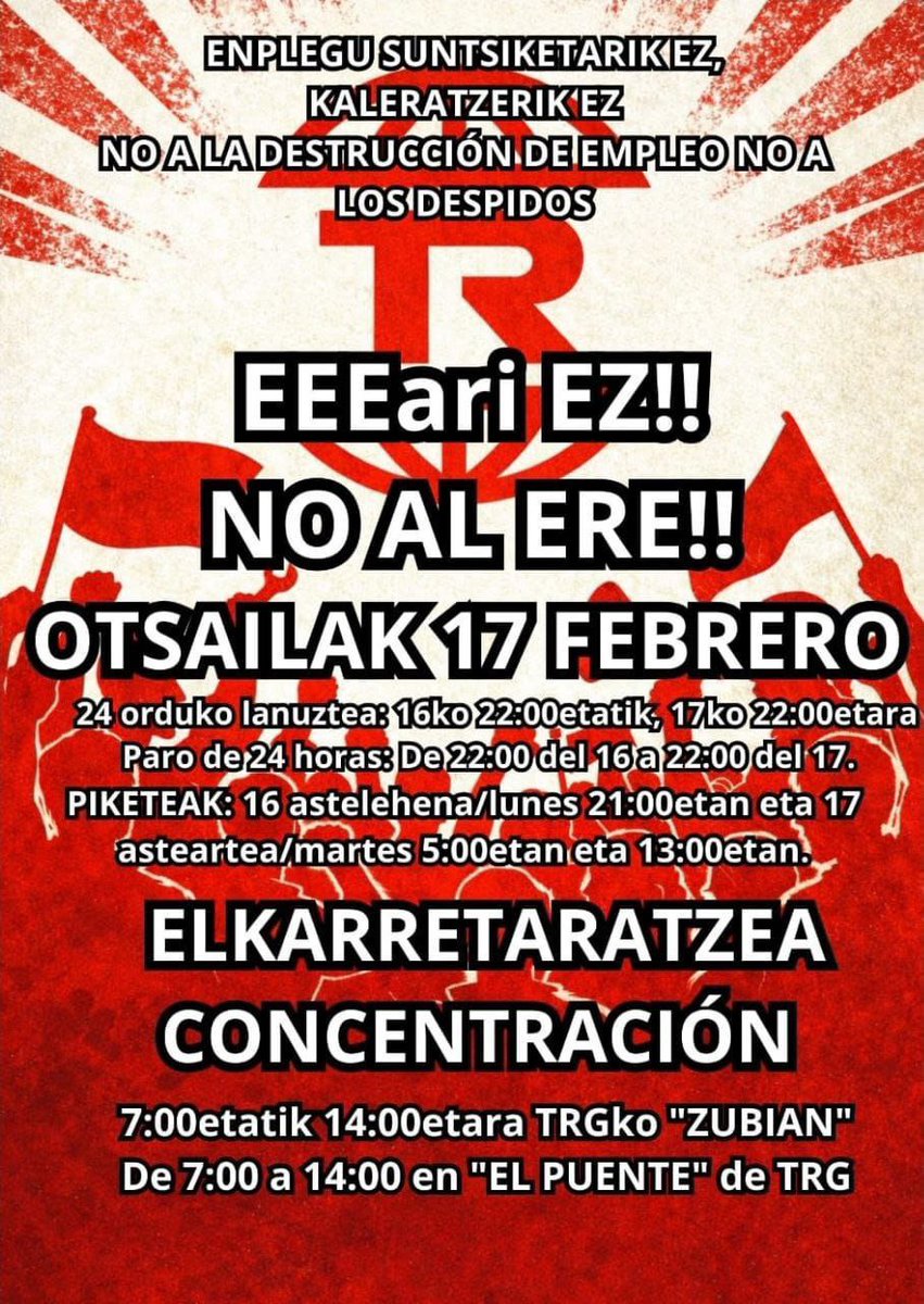 🔴 GOGORATU! 🔴

Tubos Reunidoseko langileek 24 orduko greba eguna egingo dute berriz bihar, zuzendaritzarekin berriro bilduko baitira.

Otsailak 16
📍21:00 Piketea

Otsailak 17
📍5:00 Piketea

📍7:00-12:00 Elkarretaratzea 

📍13:00 Piketea

Aiaraldea defenda dezagun! ✊✊✊
