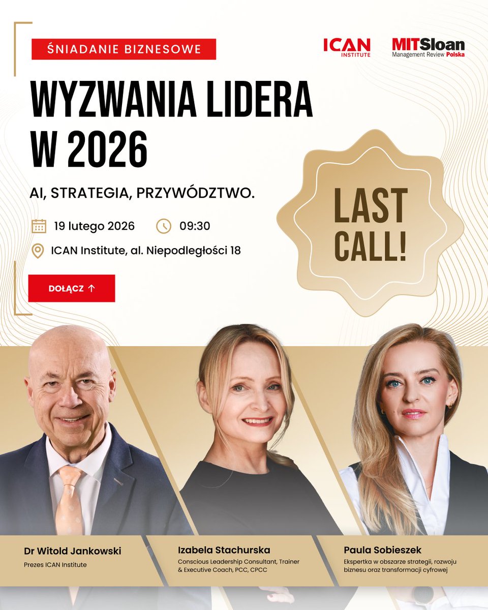 Największym ryzykiem w erze AI może nie być technologia, ale decyzje, które wokół niej podejmujesz. 19 lutego w Warszawie rozmawiamy o tym, jak łączyć AI, strategię i przywództwo bez utraty przewagi.
To już LAST CALL! Zapisz się bezpłatnie: ican.pl/wydarzenia/sni…