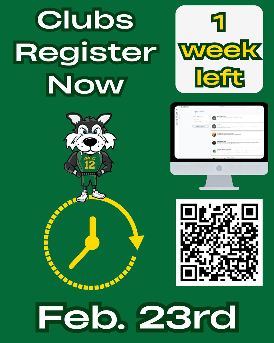 Don't miss out! Register your club now!

Click this link to register: tinyurl.com/4e4rsurw

#StudentLife #WCCSDA #RegisterNow #OneWeekLeft