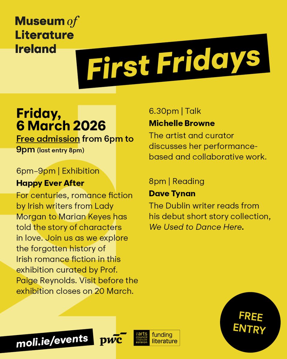MoLI_Museum's tweet photo. Join us on Friday, 6 March, for First Fridays! The museum will be open late from 6pm until 9pm, with free admission.
Book your free ticket at https://t.co/5tmvzoSqZR.

First Fridays is proudly presented with support of PwC and The Arts Council / An Chomhairle Ealaíon https://t.co/DRKYgcUIRx