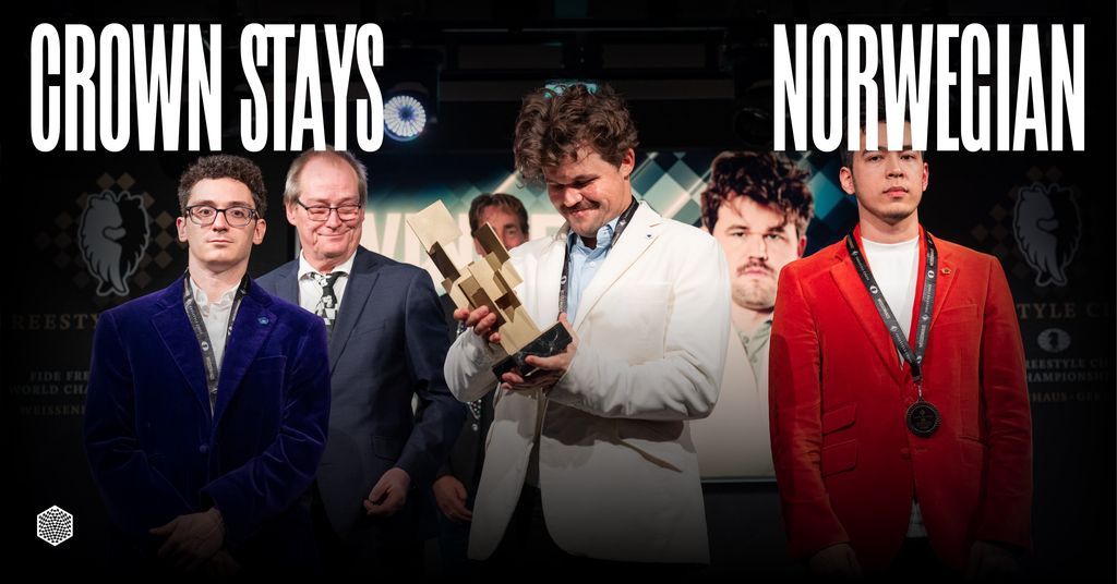 theworldchess's tweet photo. Magnus Carlsen turns a lost position into his 21st world title at the first official FIDE Freestyle Chess Championship.

Caruana falls short again. The crown remains Norwegian.
Read full story: https://t.co/0YgMcgVB6U 
#Chess #FreestyleChess #MagnusCarlsen https://t.co/Yd6hpjIUIM