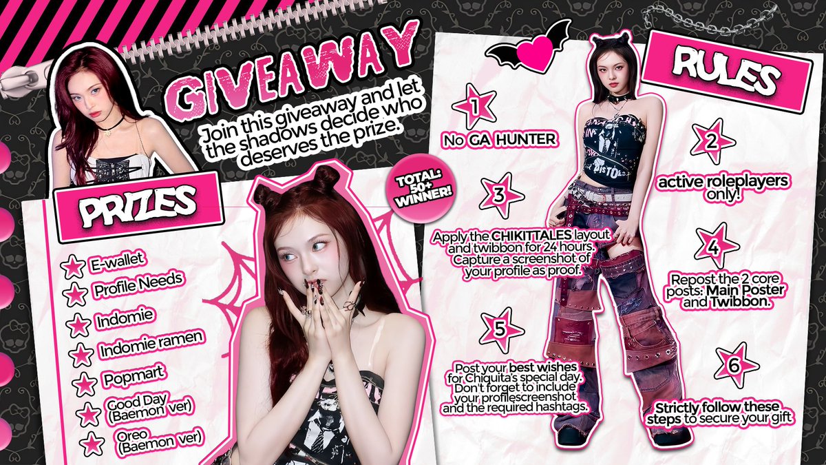 ᅠ
𖤐 Seventeen years of innocence burned to the ground. Within this black mayhem, a 𝗴𝗶𝘃𝗲𝗮𝘄𝗮𝘆 awaits the most fearless soul. Perhaps your name is etched in the thorns of Chiquita's new era. Luck is just another form of rebellion. ⛓️🩷
ᅠ