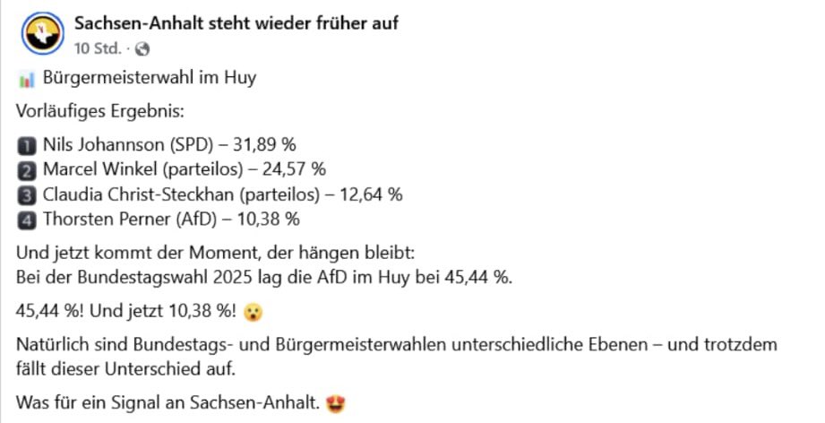 WolfgangSchuett's tweet photo. Bricht das Kartenhaus der AfD-Sachsen-Anhalt in sich zusammen?

Wenn man sich die Bürgermeisterwahl in der 6.500-Seelen-Gemeinde Huy, nördlich von Halberstadt, im Landkreis Harz/Sachsen-Anhalt anschaut, dann müßten sich die Mannen um Ulrich Siegmund (AfD) große Sorgen machen.

Bei der Bundestagswahl 2025 vor gut einem Jahr holte die AfD mit ihrer Kandidatin Dr. Christina Baum 48% der Erststimmen. 

Ein Jahr später bekommt der AfD-Vertreter Thorsten Perner nur noch 10%. Ein Absturz von dramatischen 35% in nur einem Jahr.

Dafür gewinnt der SPD-Kandidat Nils Johannson erstaunliche 32% der abgegebenen Stimmen und könnte nach der Stichwahl am 8. März  Bürgermeister von Huy werden. Vor einem Jahr lag die SPD noch bei 10%.

Was ist da los in Huy? 
Was ist da los im Landkreis Harz?
Was ist los mit der AfD in Sachsen-Anhalt?

@UlrichSiegmund