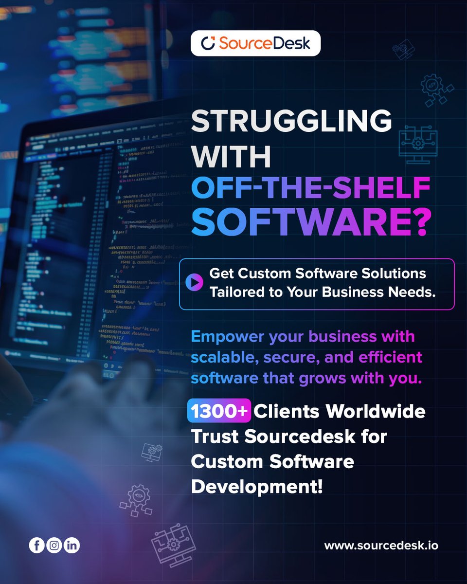 Are off-the-shelf software solutions falling short for your business? 
At Sourcedesk, we specialize in Custom Software Development Services that address your unique challenges. 
💼Why settle for generic when you can have bespoke solutions that grow with your business?