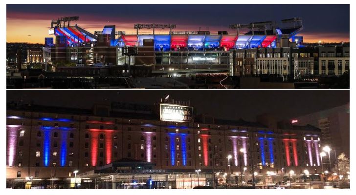 At dusk, in celebration of the Presidents' Day holiday, the Camden Yards Sports Complex will be illuminated red, white, and blue.