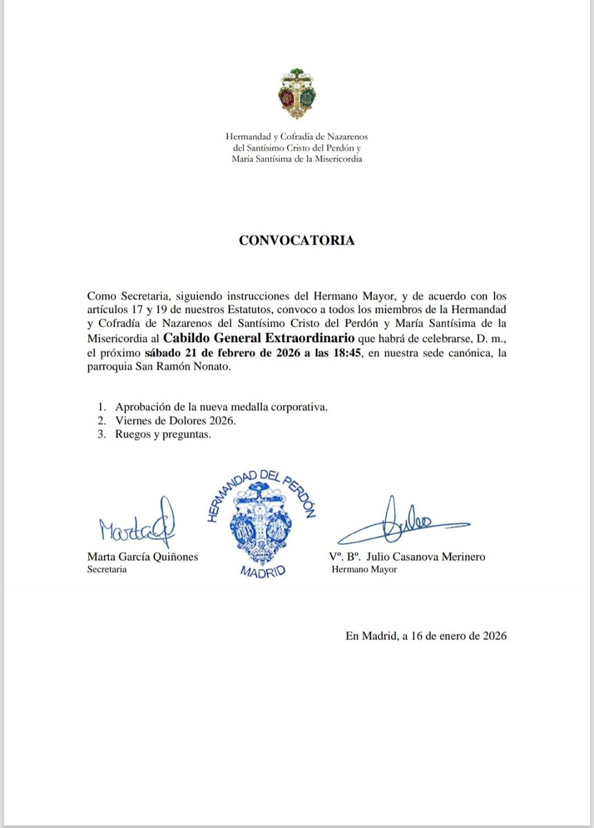 𝗖𝗔𝗕𝗜𝗟𝗗𝗢 𝗚𝗘𝗡𝗘𝗥𝗔𝗟 𝗘𝗫𝗧𝗥𝗔𝗢𝗥𝗗𝗜𝗡𝗔𝗥𝗜𝗢 

La Junta de Gobierno, conforme a los artículos 17 y 19 de nuestros Estatutos, convoca a todos los hermanos a Cabildo General Extraordinario el próximo sábado 21 de febrero de 2026 a las 18:45 horas en nuestra sede.