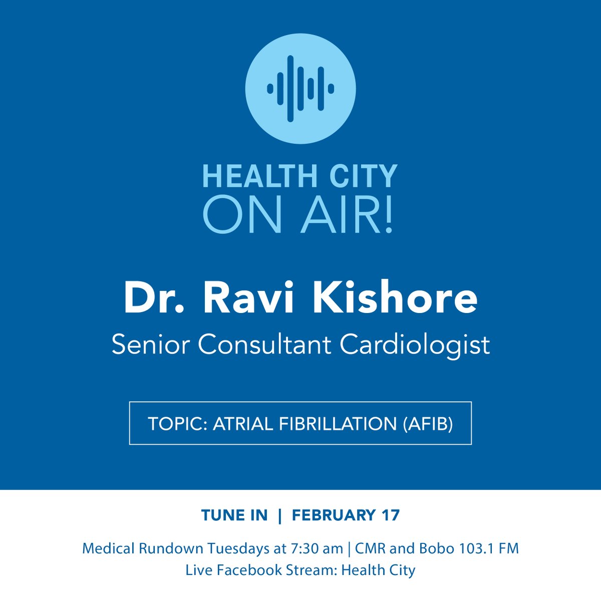 Tune in tomorrow, Feb 17, at 7:30am on CMR and Bobo 103.1 FM for this week’s Medical Rundown.

Dr. Ravi Kishore, our Senior Consultant Cardiologist, will be sharing details about our Atrial Fibrillation (AFib) Clinic and what it entails. 

We’ll be live on Facebook, so join us!