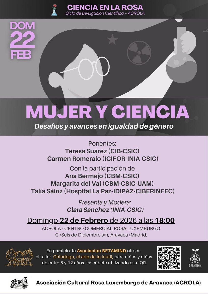 Mesa redonda "Mujer y ciencia. Desafíos y avances en igualdad de género".
Participa nuestra compañera del <a href="/CIB_CSIC/">CIB Margarita Salas (CSIC)</a>, Teresa Suárez.

📅Feb 22
⏰18:00h
📍 Acrola, Centro Comercial Rosa Luxemburgo (Aravaca)