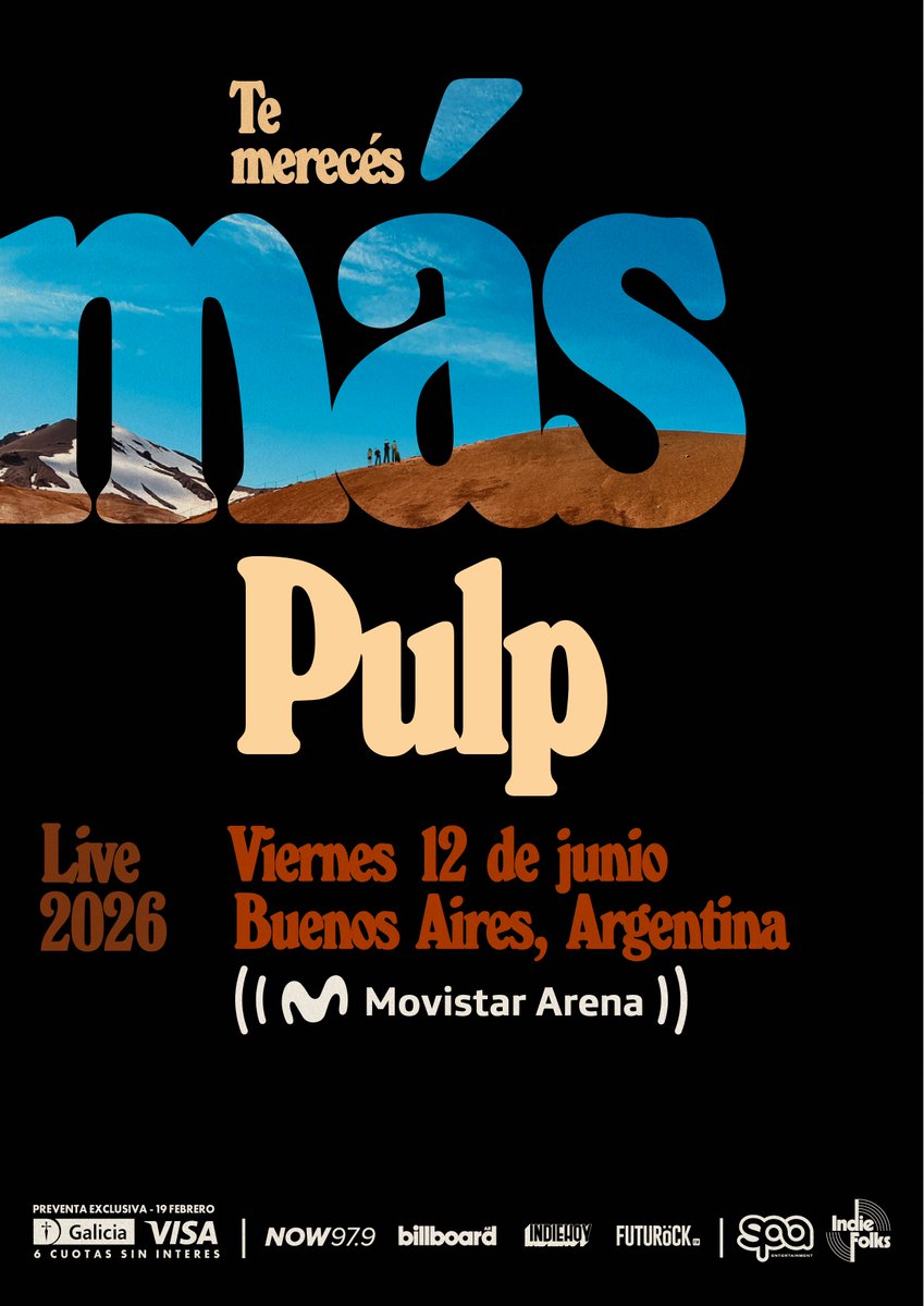 ¡PULP EN ARGENTINA! Sí, no es un sueño.

Jarvis Cocker no busca fans, busca cómplices. El 12 de junio, la banda que mejor leyó nuestras miserias y nos hizo bailar vuelve al <a href="/MovistarArenaAR/">MovistarArenaAR</a> 🫶🏼🪩 <a href="/welovepulp/">Pulp</a> 

19.02 13HS | PREVENTA EXCLUSIVA GALICIA VISA
20.02 13HS | VENTA GENERAL