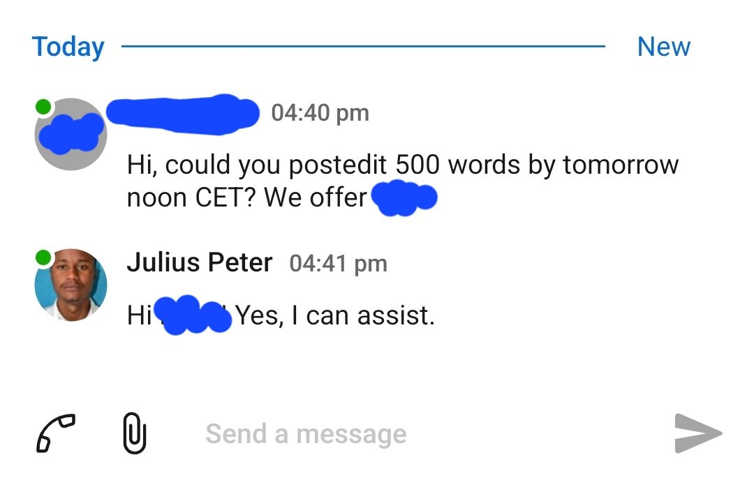 Picking up a short editing task from one of my long-term repeat clients. 

The funny thing about editing tasks is that the difficulty actually depends on how the translation was done.

I've done editing tasks that I wished I could have translated myself from scratch.
