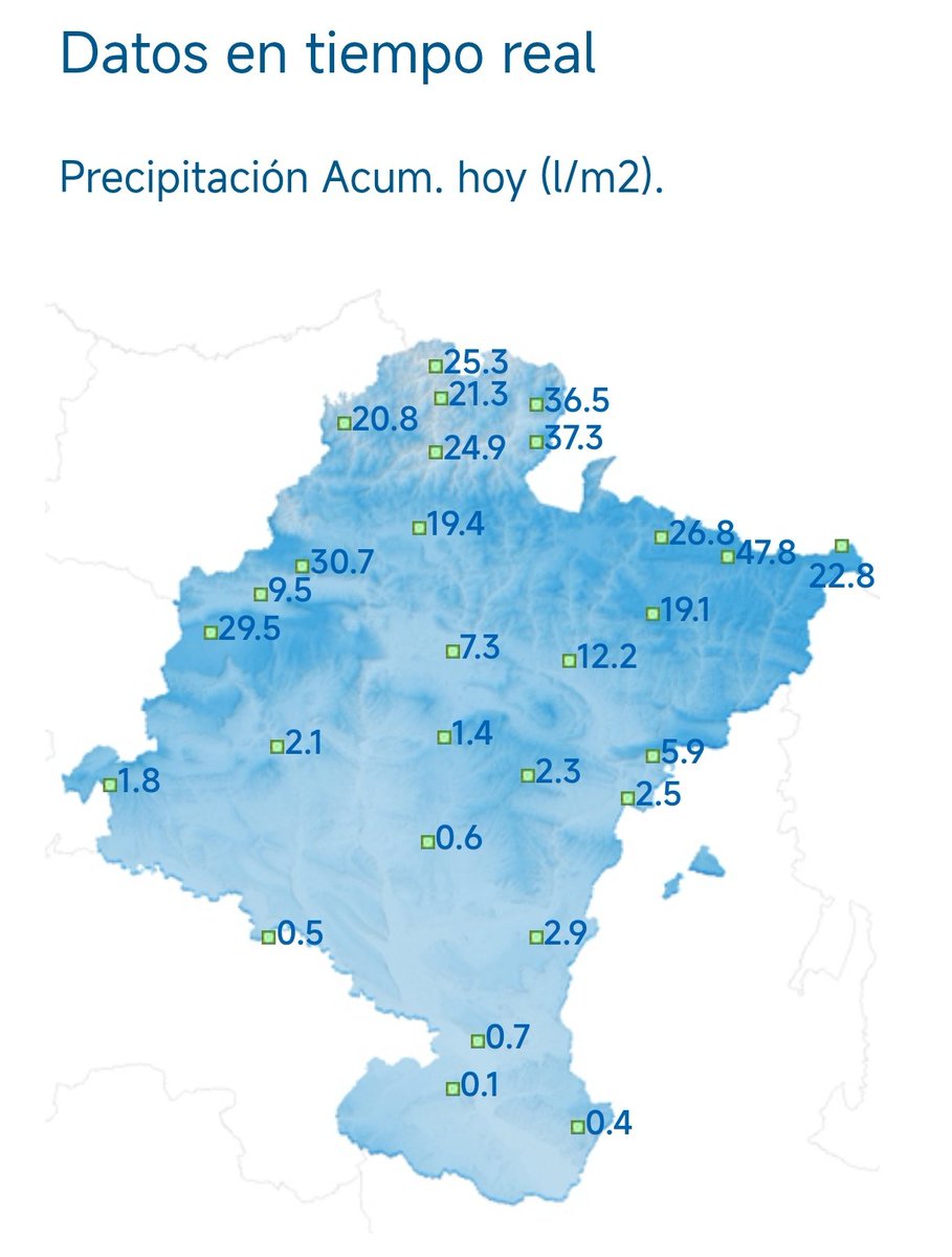 Navarmeteo_1411's tweet photo. 📝🌧️Continua lloviendo persistentemente en la comunidad foral, sobre todo en el norte.  De momento ya se acumulan entre 25-50 mm en esas zonas (Sumamos cota alta y deshielo ⚠️). En el resto acumulados más bajos, pero seguirá lloviendo durante todo el día, y se sumarán más litros. https://t.co/IVEQWnRYgW