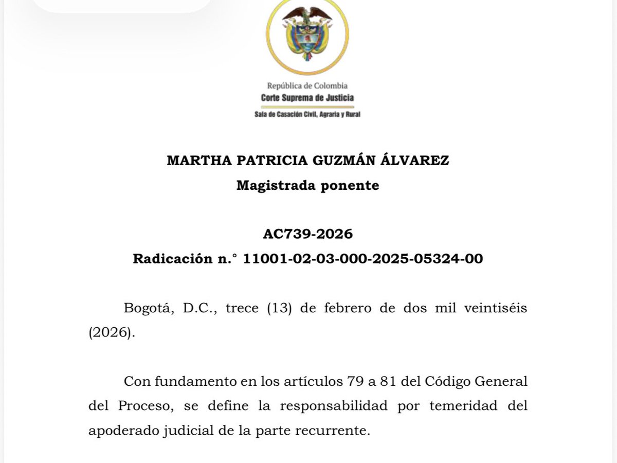 jairoparrac's tweet image. PRIMER CASO EN COLOMBIA DE SANCIÓN A UN ABOGADO POR USO INDEBIDO DE INTELIGENCIA ARTIFICIAL EN EL PROCESO. Corte Suprema de Justicia. Sala Civil. Auto AC739-2026: Se trata de la primera decisión en el país que impone una sanción a un abogado por incorporar en un escrito judicial