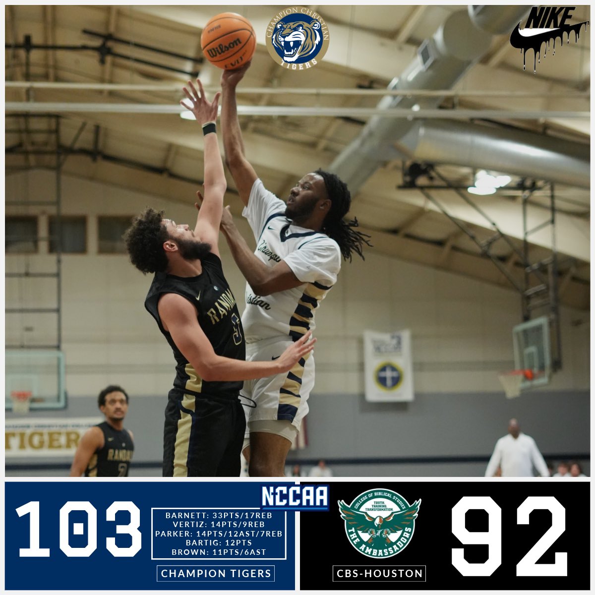 ChampionMBB's tweet photo. TIGERS WIN! Champion grabs its 11th win of the season vs. CBS-Houston with a season high 26 team assists! Come watch Champion this week finish the season off at home on Wednesday vs. Arlington, and Friday (senior night) vs. Ecclesia! It’s must win and must see basketball! #allin https://t.co/EUYELNhOMU