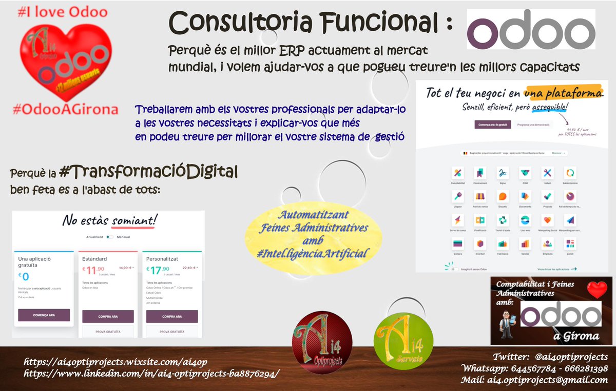 ai4optiprojects's tweet photo. #SolucionsAi4 per una gestió PROACTIVA, digital i eficient.
Optimització de la gestió operativa i la presa de decisions

#TransformacioDigital, #ERP #IntegracioMultiplataforma
#OdooAGirona https://t.co/6qvUccB4TW