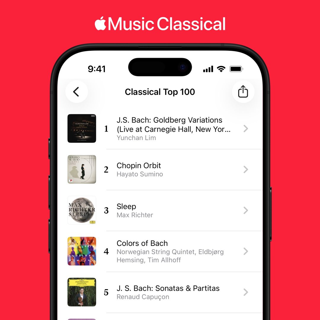 AppleClassical's tweet photo. A chart battle between Hayato Sumino and Yunchan Lim this week... with the Goldberg Variations taking their spot at the top.

Here's the (very Bach-filled) Top 5 on the #AppleClassicalTop100: https://t.co/OIy5Gvg8kK
@880hz @yunchanlim_ https://t.co/zZDHEZ5uOJ