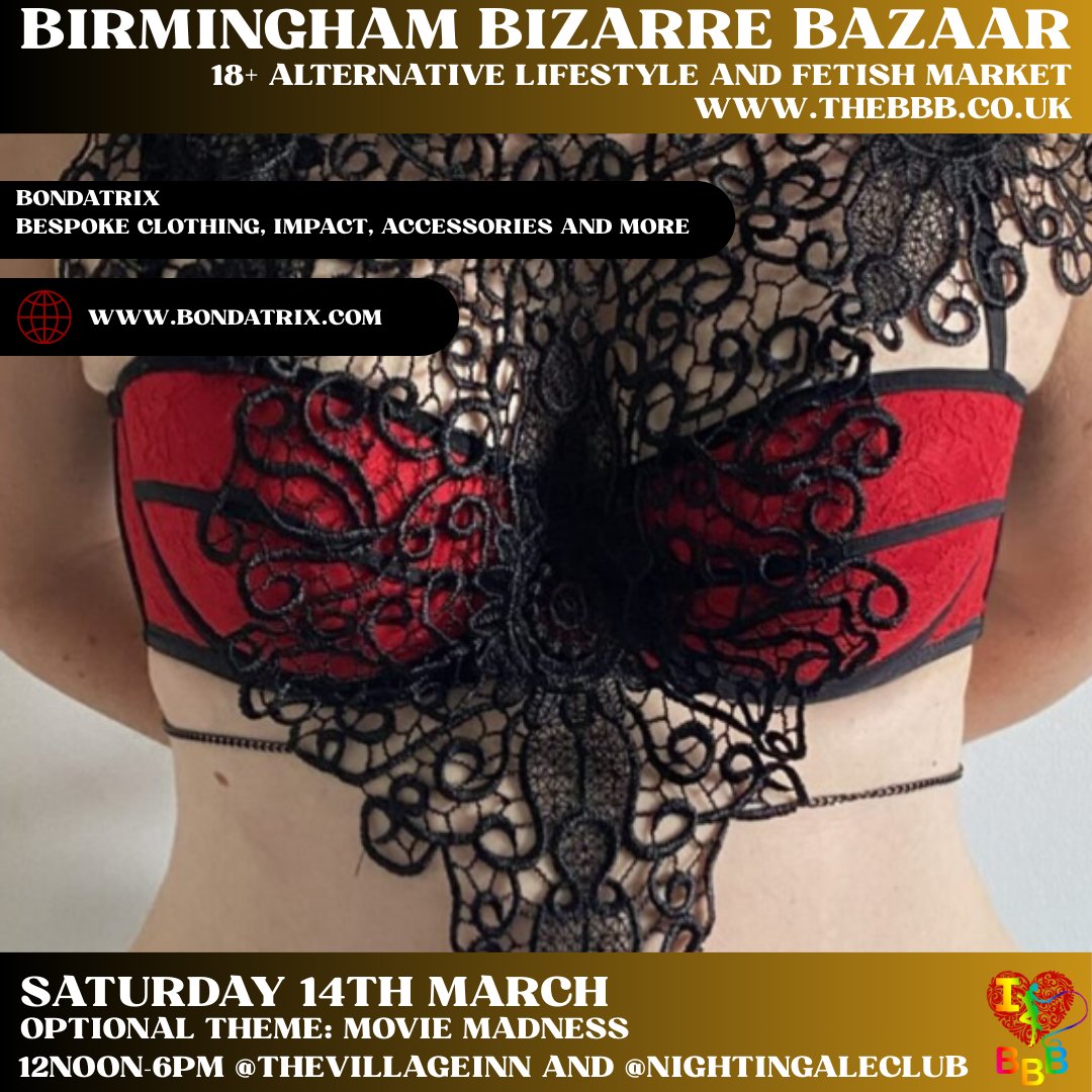 BBBAltFetBazaar's tweet photo. 🎬 March is Movie Madness and the trader lineup is giving main character energy! 
🗓 SATURDAY 14th March 12–6PM

Bondatrix can be found on the middle floor month on month with various new designs and toys available!

#BrumEvents #QueerOwned #LGBTQBusiness #FetishFashion https://t.co/QqoXCjnclv