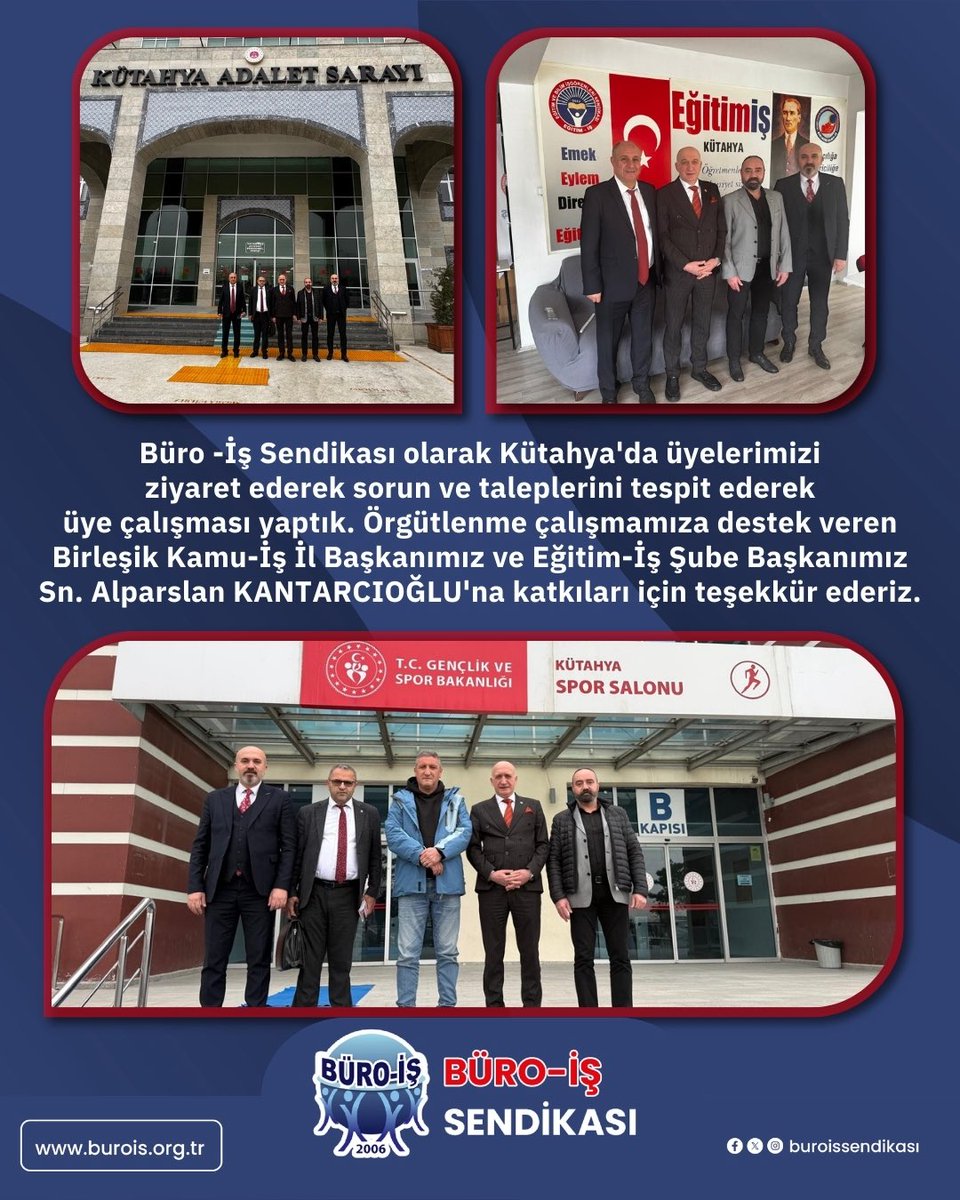 Büro -İş Sendikası olarak Kütahya'da üyelerimizi ziyaret ederek sorun ve taleplerini tespit ederek üye çalışması yaptık. Örgütlenme çalışmamıza destek veren Birleşik Kamu-İş İl Başkanımız ve Eğitim-İş Şube Başkanımız Sn. Alparslan KANTARCIOĞLU'na katkıları için teşekkür ederiz.