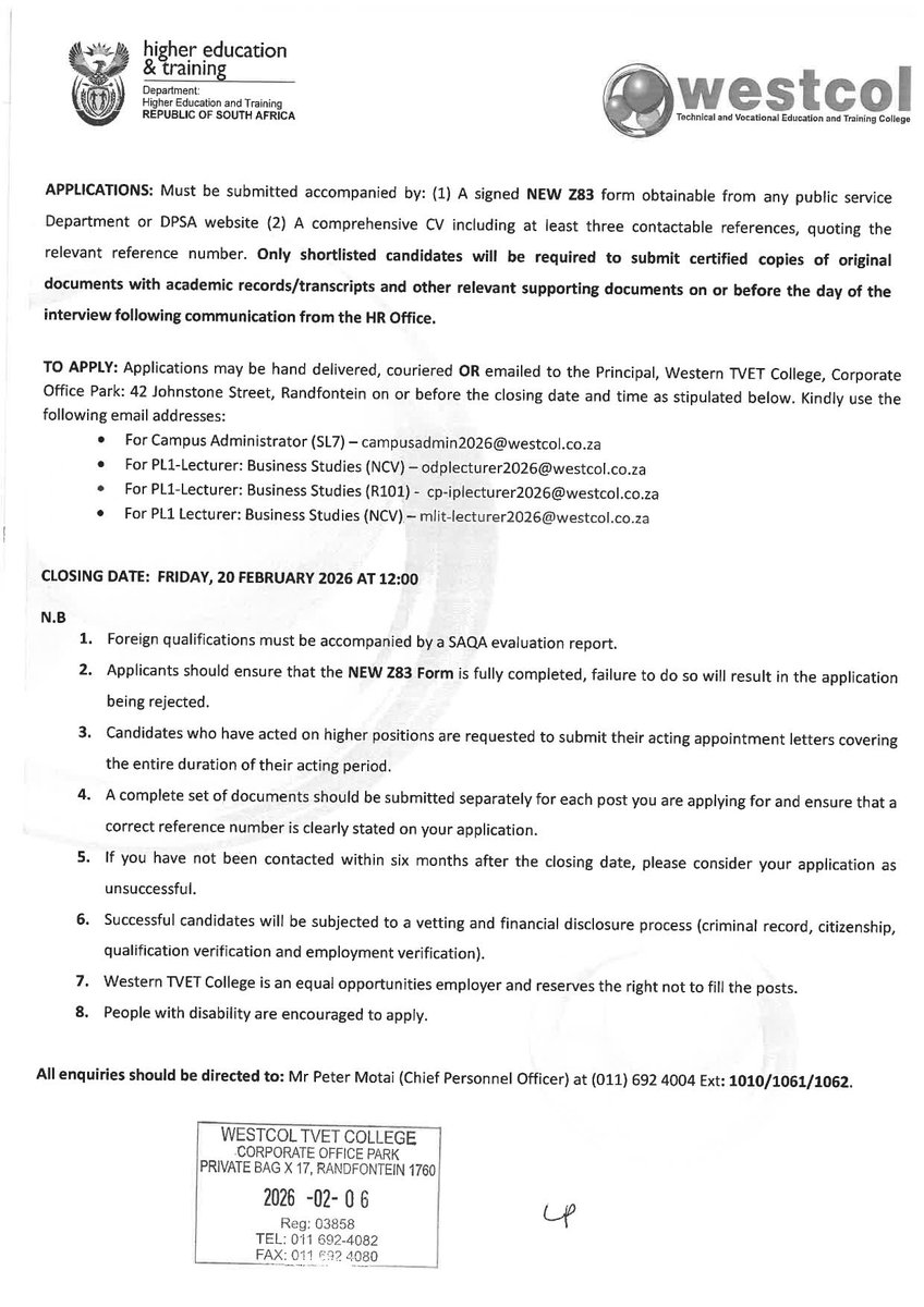 - POST: CAMPUS ADMINISTRATOR (SALARY LEVEL 7) SALARY: R325 101.00 per ...
