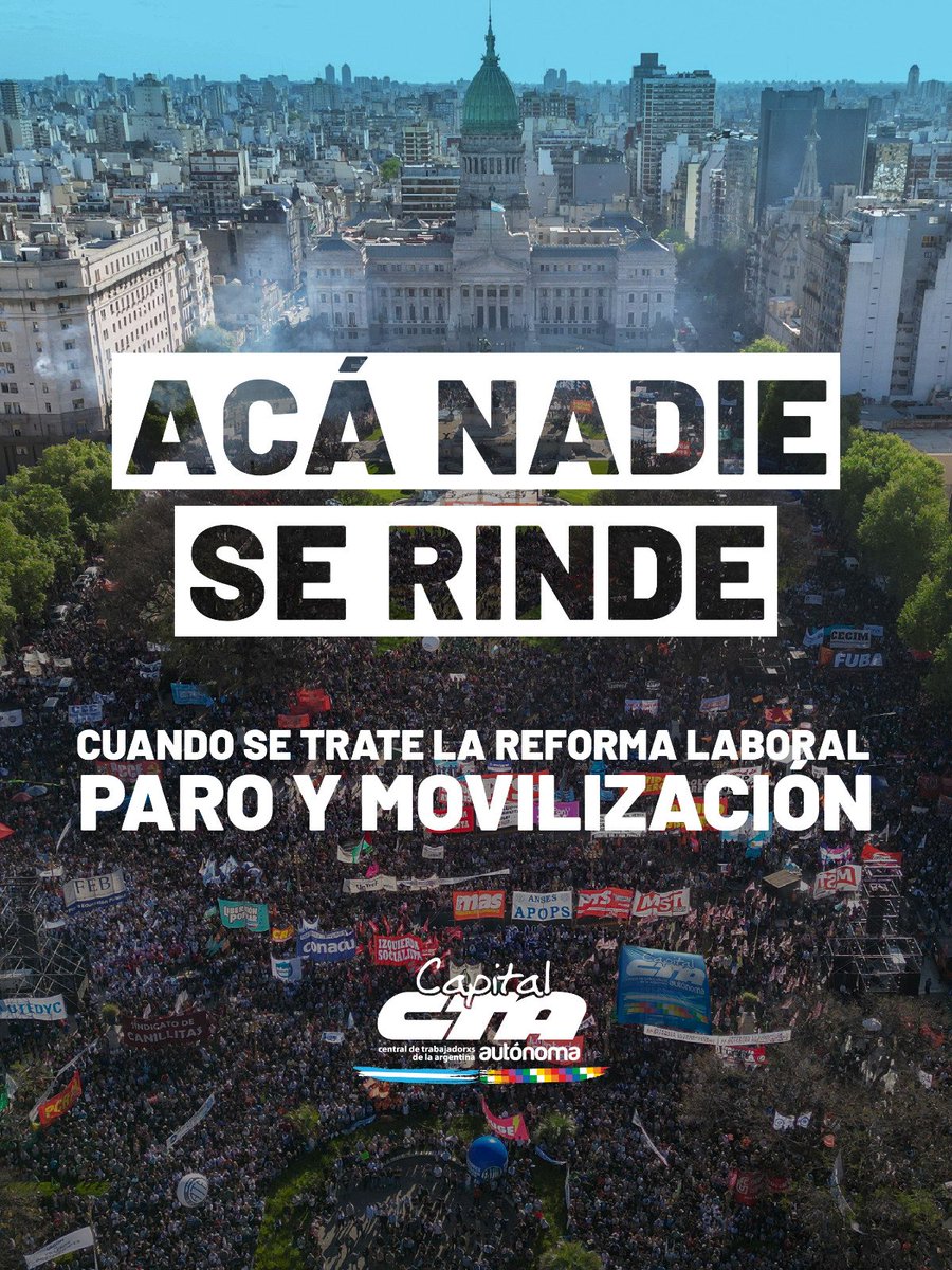 La CTAA Capital convoca a marchar contra la reforma laboral de Milei.

PARO Y MOVILIZACIÓN.

📅 JUEVES 19/02
🕘 12 HS
📍 Bernardo de Irigoyen y Av. De Mayo