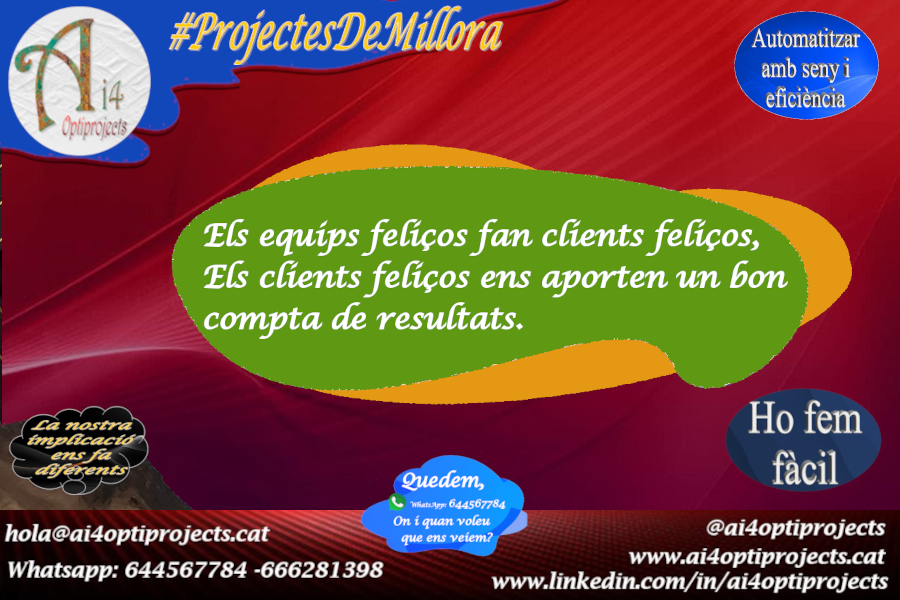 ai4optiprojects's tweet photo. Els equips feliços fan clients feliços, 
Els clients feliços ens aporten un compta de resultats  feliç. #SolucionsAi4 #GestióEficient
#Implicacio https://t.co/XQEd6Af9Kv