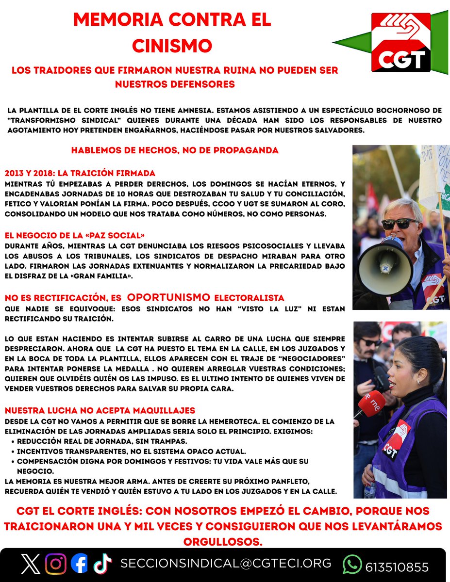 CgtCorteIngles's tweet image. Hay firmas que no se borran y memorias que no se compran.
Ante el intento de los sindicatos corporativos de apropiarse de nuestra lucha: CLARIDAD Y CONTUNDENCIA.
Ni rectifican, ni logran; solo intentan salvar su cara. 
#CGTElCorteIngles #Dignidad