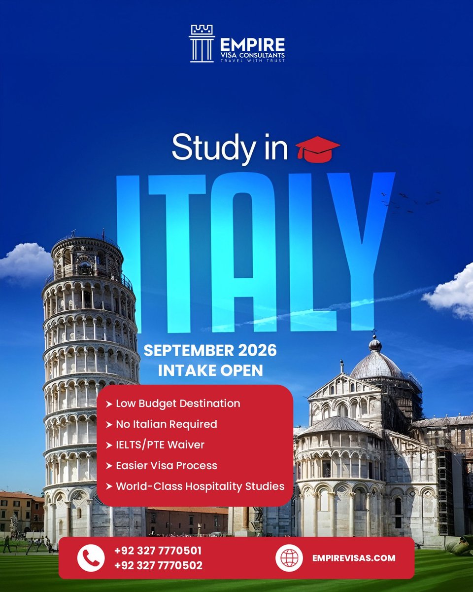 empirevisas's tweet photo. Why Study in Italy? 
• Low tuition fee 
• Scholarship opportunities 
• Easier visa process 
• Globally ranked public universities
• Strong programs in Hospitality, Business, Engineering &amp; Arts

Visit us:
📍 25-C, Block-C, Abul Hassan Isfahani Road, Faisal Town, Lahore. https://t.co/85GbwS1I76