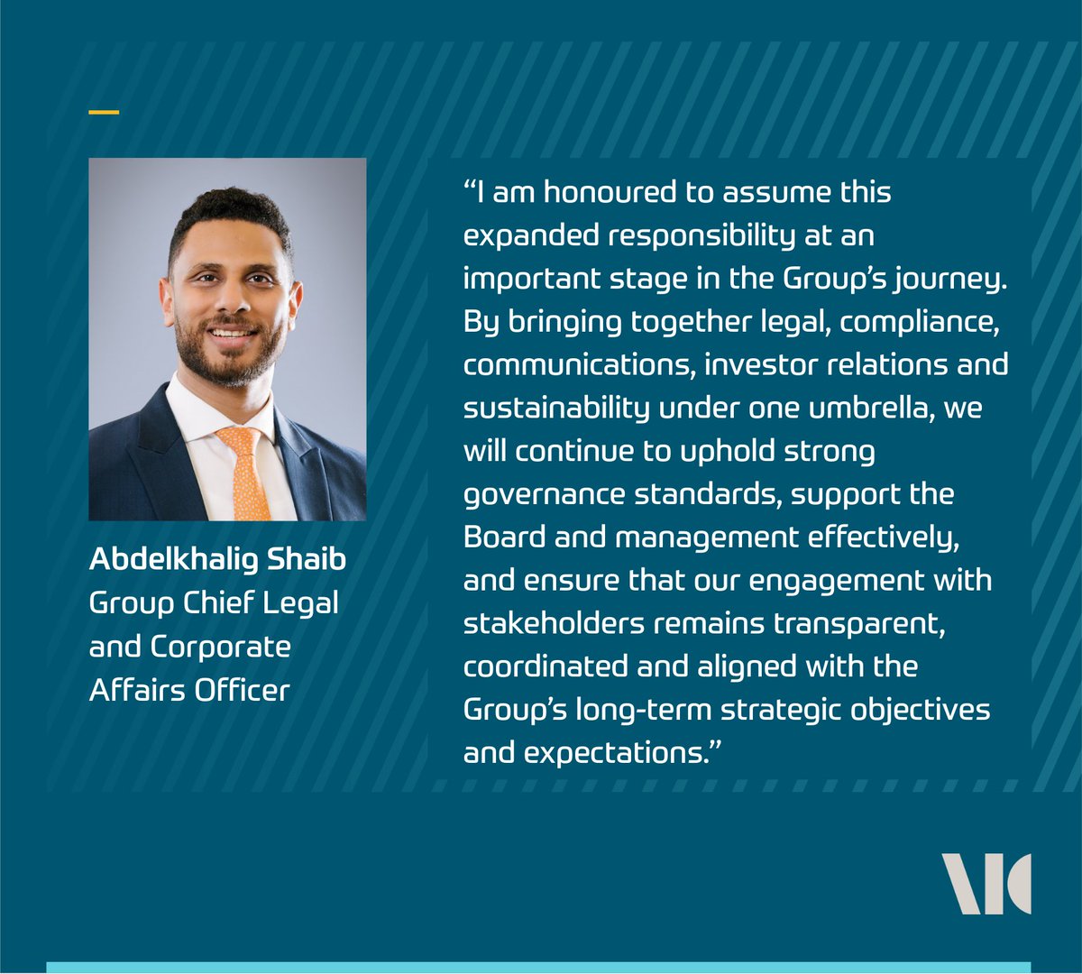 Bank ABC appoints Abdelkhalig Shaib as Group Chief Legal &amp; Corporate Affairs Officer. A member since 2018, he joins senior management, continues as Board Secretary, &amp; will oversee Group Legal, Group Compliance, Group Comms &amp; Marketing, IR, Group Sustainability &amp; the Board Office.