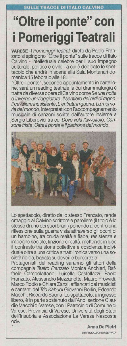 Articolo di <a href="/Ladepianna/">Anna De Pietri</a> <a href="/La_Prealpina/">La Prealpina</a> 
Grazie al folto pubblico presente a questo meraviglioso spettacolo <a href="/TeatroFranzato/">Teatro Franzato</a>
<a href="/ComuneVA/">Comune di Varese</a>
<a href="/Uni_Insubria/">Uninsubria</a>
<a href="/ProvinciaVarese/">Provincia di Varese</a>
<a href="/MancoLuigi63/">La Varese Nascosta</a>
<a href="/LaforgiaEnzo/">enzo laforgia</a>
<a href="/stefaniav75/">stefania villa</a>
<a href="/petittomario/">Mario Petitto</a>
<a href="/BalduzziLaura/">Laura Balduzzi</a>
<a href="/RaffaleCampo69/">Raffaele Campolattano</a>
#Cultura #oltreilponte #varese