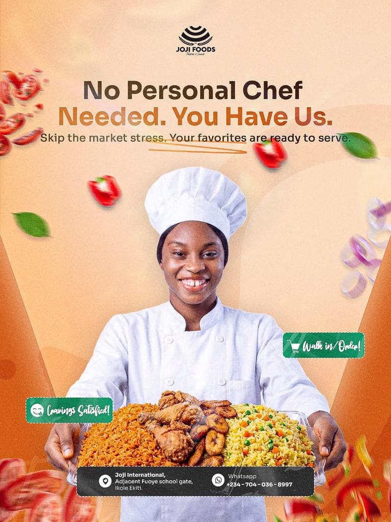 Who needs a personal chef when you have us? 👩‍🍳✨

​Skip the long market lists and the kitchen heat. We’ve already done the hard part so you can get straight to the best part: eating.

​📍 Visit us at Joji International, Adjacent FUOYE school gate.
📥 Or send a DM to order!
