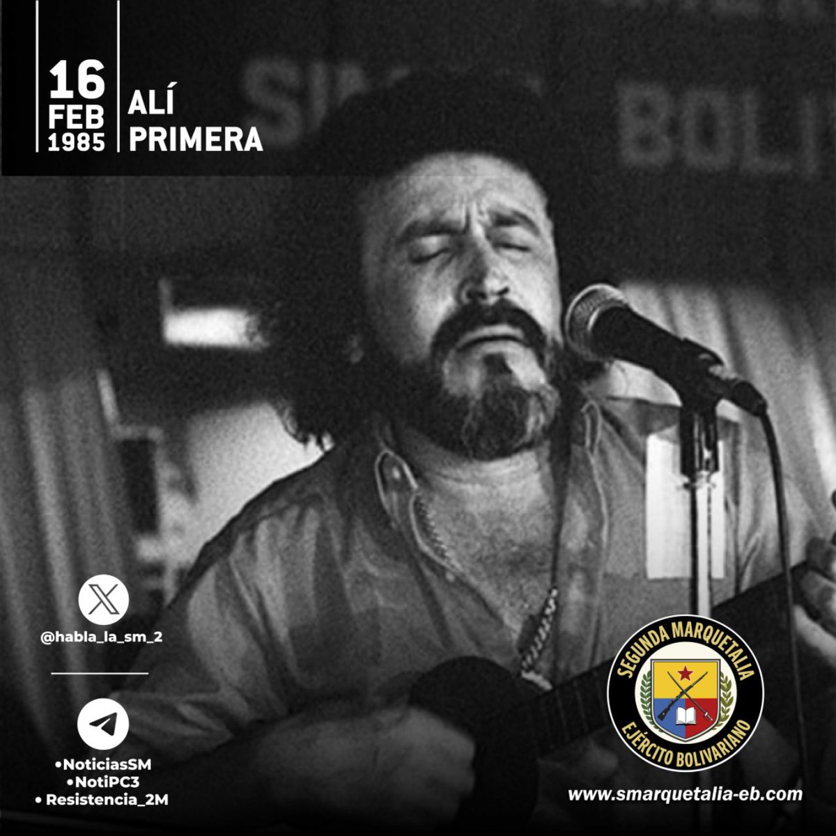 Cantautor, poeta y activista político comunista venezolano.
Denunciaba las injusticias del sistema capitalista y promovía la unidad y la conciencia política del pueblo.
Fallecido el 16/02/1985, su legado revolucionario hace parte de la cultura y la identidad de la Patria Grande.