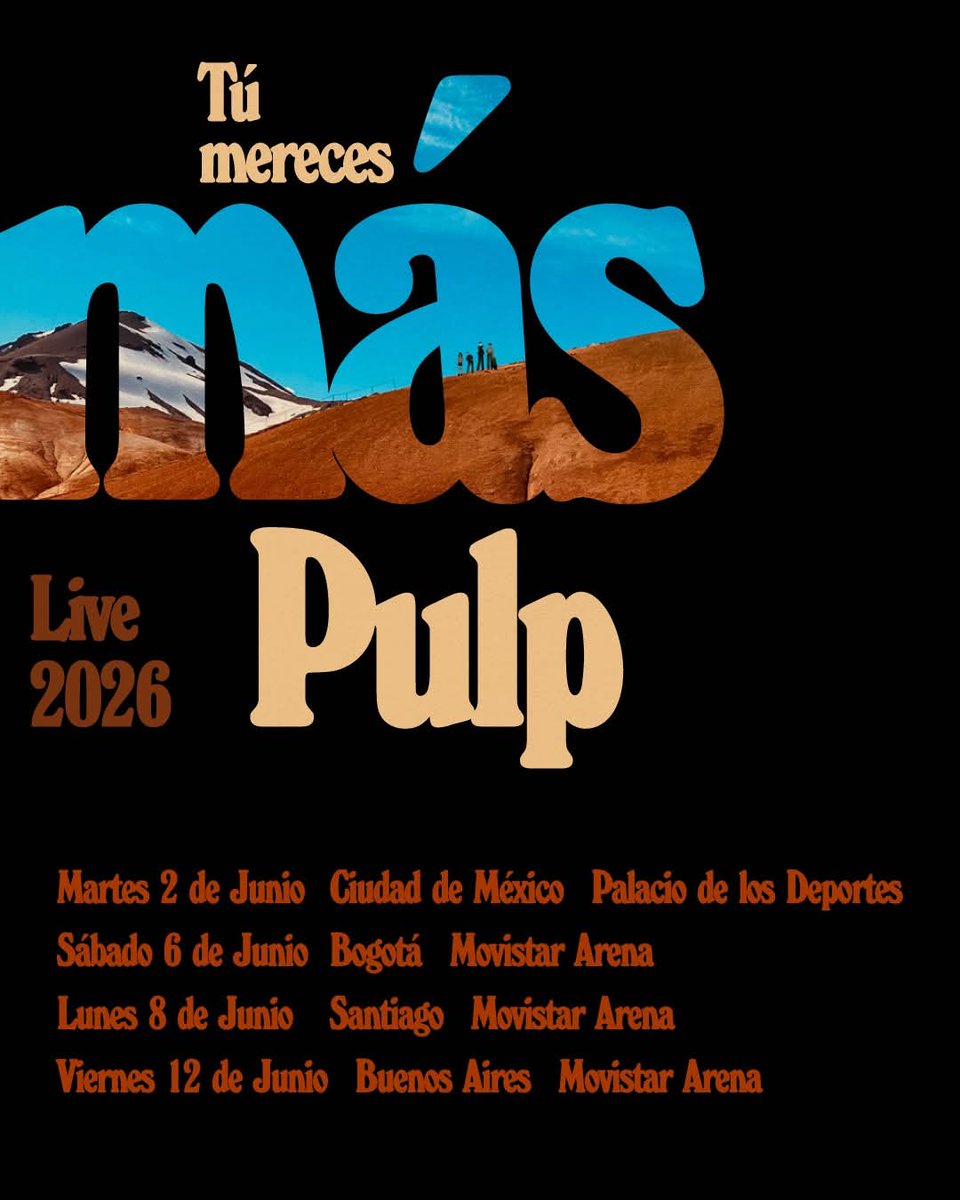 FILTERMexico's tweet photo. 🚨🚨🚨 ¡FELIZ LUNES! Pulp acaba de anunciar su regreso a la Ciudad de México para presentarse el  2 de junio en el Palacio de los Deportes.

La preventa para fans será el día de mañana a las 10 AM, mientras la general iniciará el 20 de febrero. 👁 https://t.co/gusAbGL3Lb