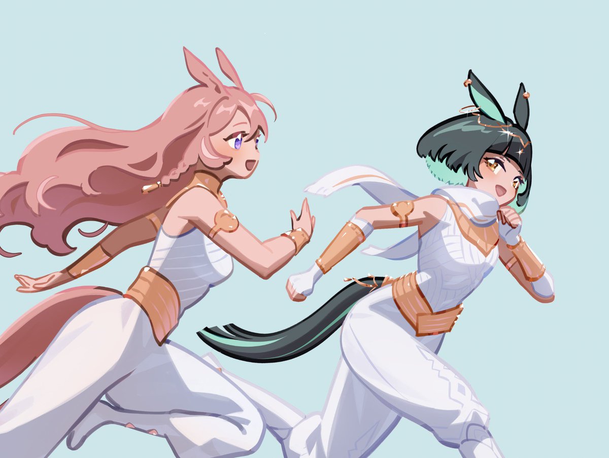 賽馬娘但是楓之谷🐎

接著也是來自艾里莫斯卡莉選手！是萊莎選手的雙胞胎姊姊，同樣也很擅長在沙地上高速移動，兩人並排跑著滿臉從容，打算採取後追的策略嗎？