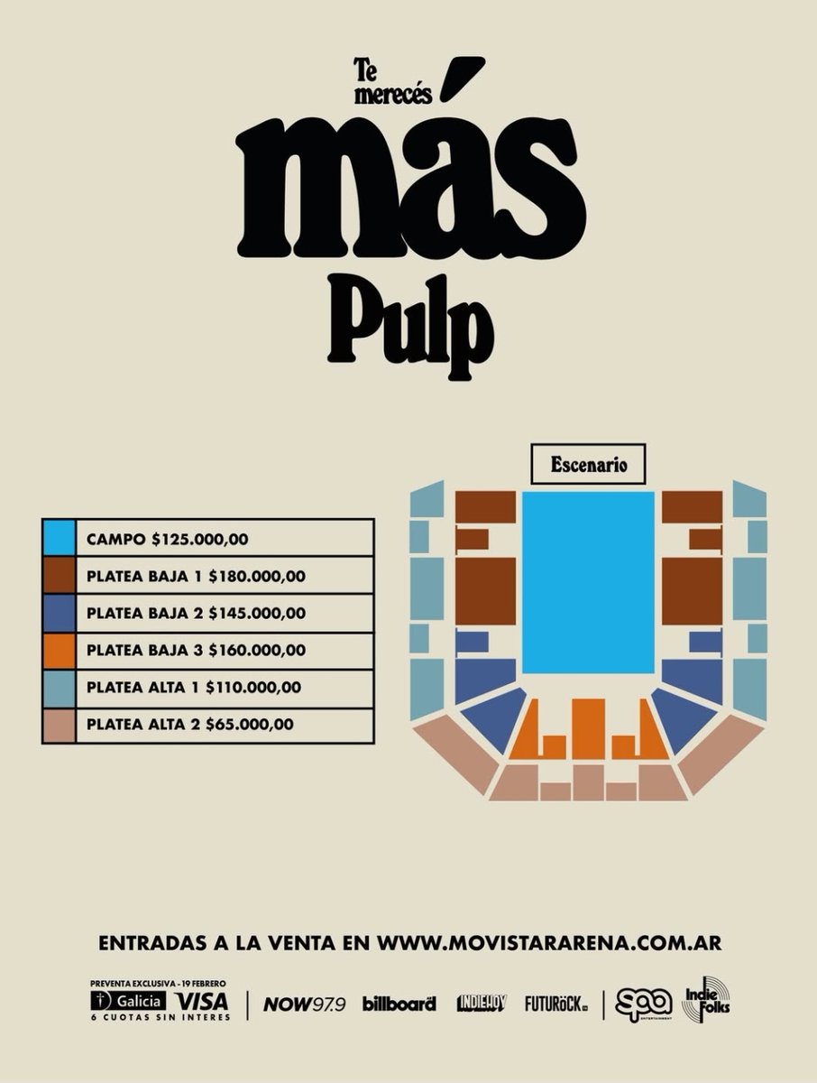 ArgentinaShows's tweet photo. 📣 #Pulp

📍 Movistar Arena 
🗓 12 de Junio

💳 Preventa: 19 de febrero, 13hs
🎫 Venta General: 20 de febrero, 13hs https://t.co/ZPvM062qoe