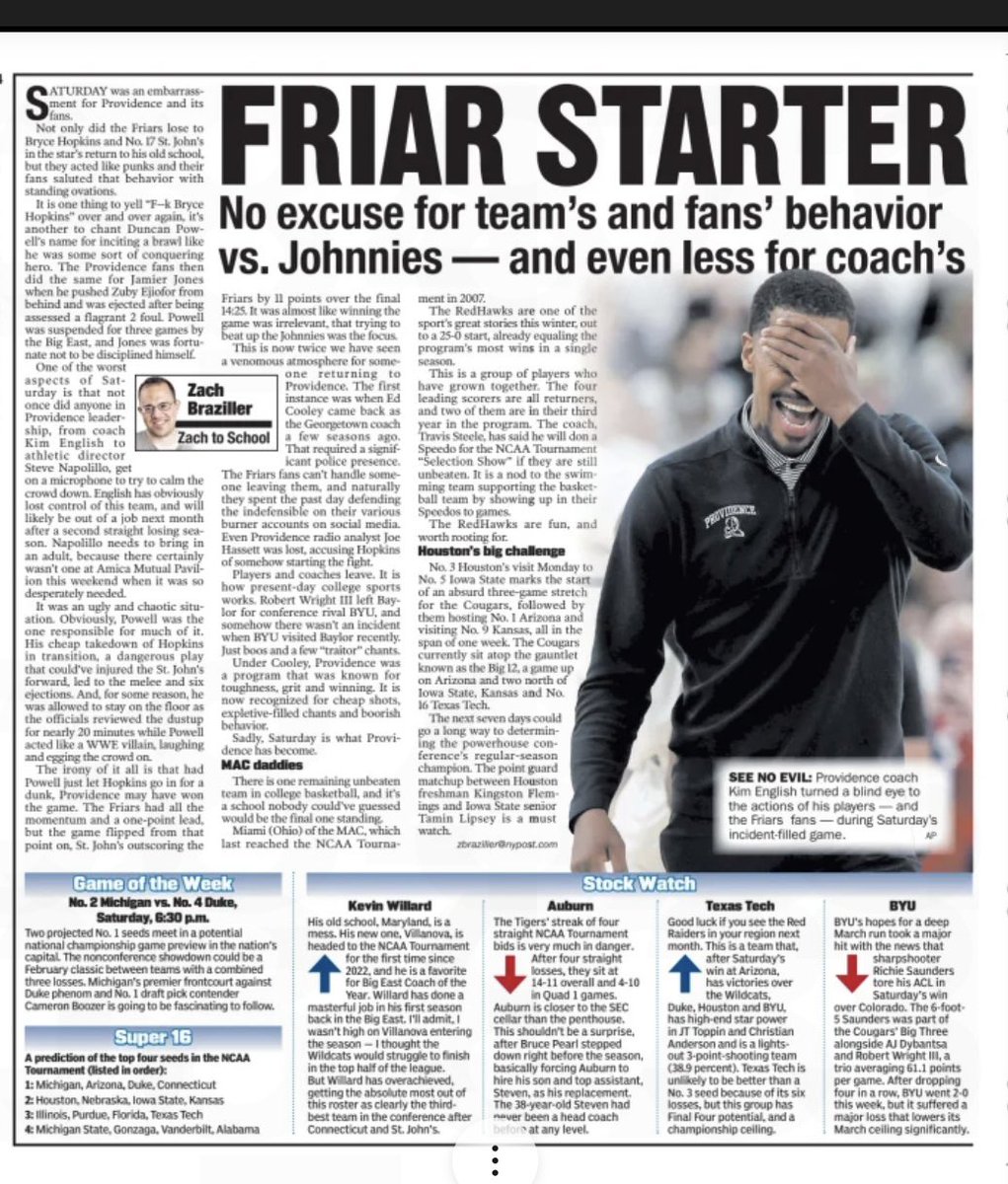 NYPost_Brazille's tweet photo. ZACH to SCHOOL: Saturday’s ugly scene was emblematic of what Providence has become. Under Ed Cooley, it was a program that was known for toughness, grit and winning. It is now recognized for cheap shots, expletive-filled chants and boorish behavior: https://t.co/MHaEmGZnQb #sjubb https://t.co/uv4NQw5ilP