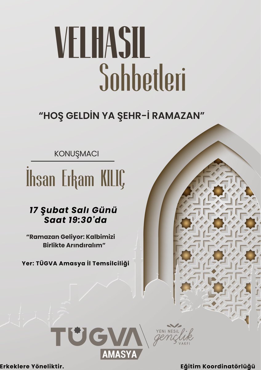 Bir ay değil, bir diriliş…
Bir akşam değil, bir dönüş…

Ramazan kapımızda.
Kalbimizi tazelemek, niyetimizi düzeltmek, gençliğimizi anlamla buluşturmak için bir araya geliyoruz.

Eğer bu Ramazan sıradan geçmesin diyorsan,
yerin hazır.

Seni Velhasıl sohbetine bekliyoruz🌙