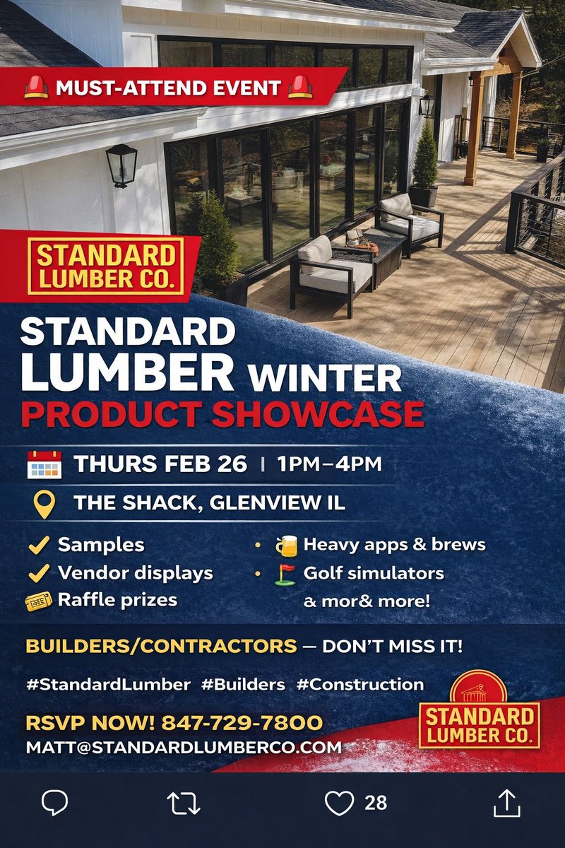 🚨 MUST-ATTEND EVENT 🚨
Standard Lumber WINTER PRODUCT SHOWCASE
 📅 Thurs Feb 26 | 🕐 1PM–4PM
 📍 The Shack, Glenview IL
Samples, vendor displays, raffle prizes, heavy apps &amp; brews + ⛳ golf simulators.
Builders/contractors—don’t miss it!
#StandardLumber #Builders #Construction