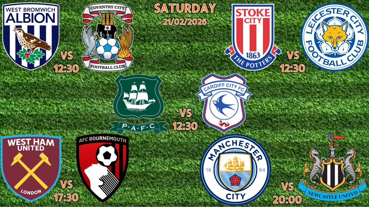 Saturdays Live Sport ...

⚽️West Brom v Coventry City⚽️12:30
⚽Stoke City v Leicester City⚽️12:30
⚽️Plymouth Argyle v Cardiff City⚽12:30
🏉England v Ireland🏉14:10
⚽️West Ham v Bournemouth⚽️17:30
⚽️Manchester City v Newcastle United⚽️20:00

ALL LIVE here @ Steelers Sports Bar