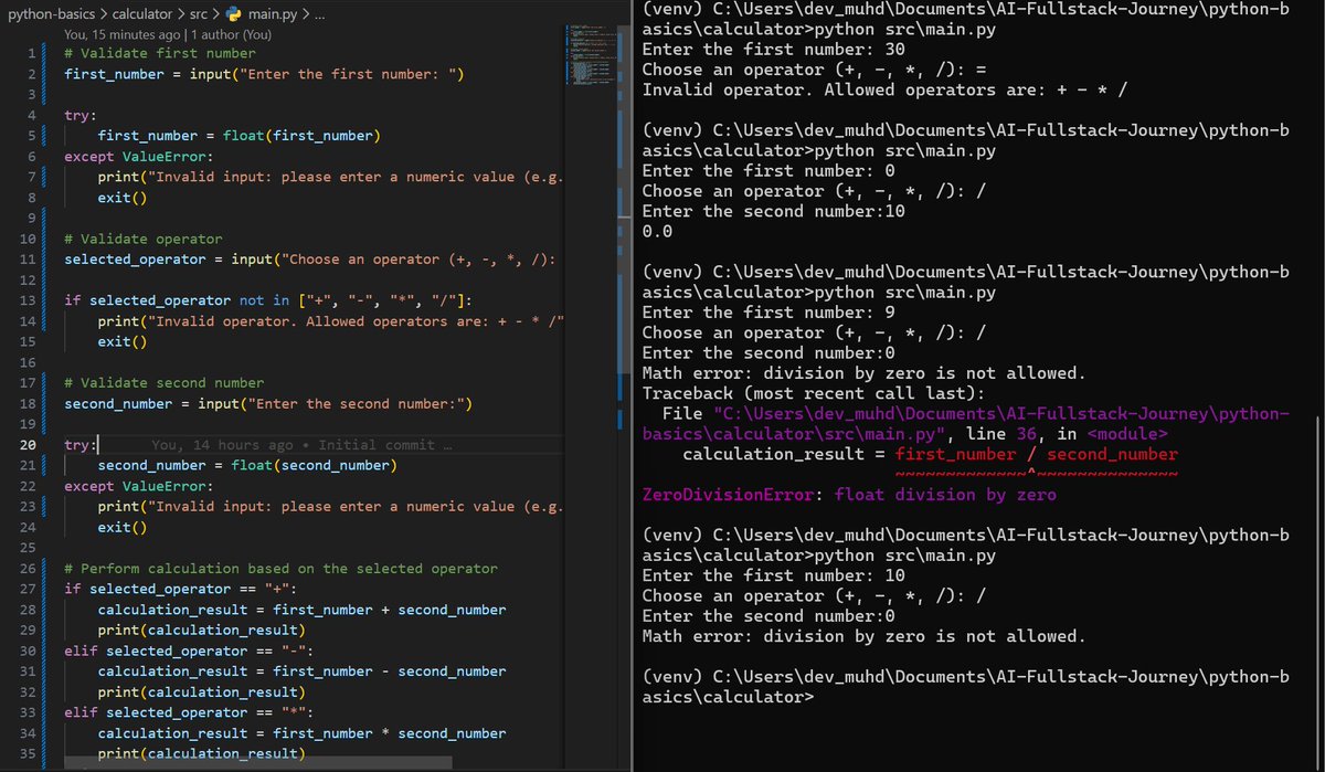 dev_muhd's tweet image. Day 4 – Python Basics 🐍
✔️ Refactor: cleaner variable names
✔️ Cleanup: removed dead code
✔️ Logic: reordered validation
✔️ Safety: handled ValueError, ZeroDivisionError
No new features — same logic, safer execution.
#Python #100DaysOfCode #CleanCode #LearningInPublic
