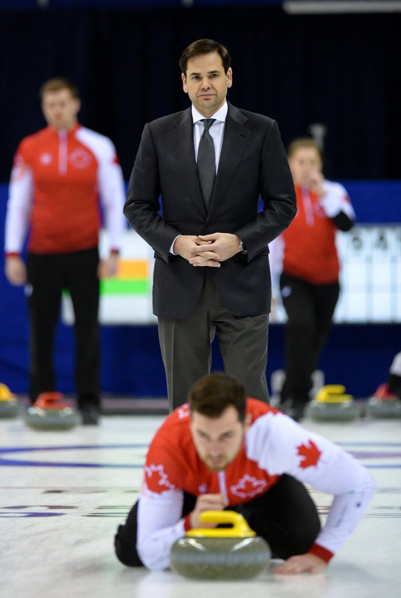 TrackingPOTUS's tweet photo. Secretary of State Marco Rubio”s new job judging curling and looking for any double taps. #Curling (Grok helped with the image) https://t.co/ku9UqLSMeq